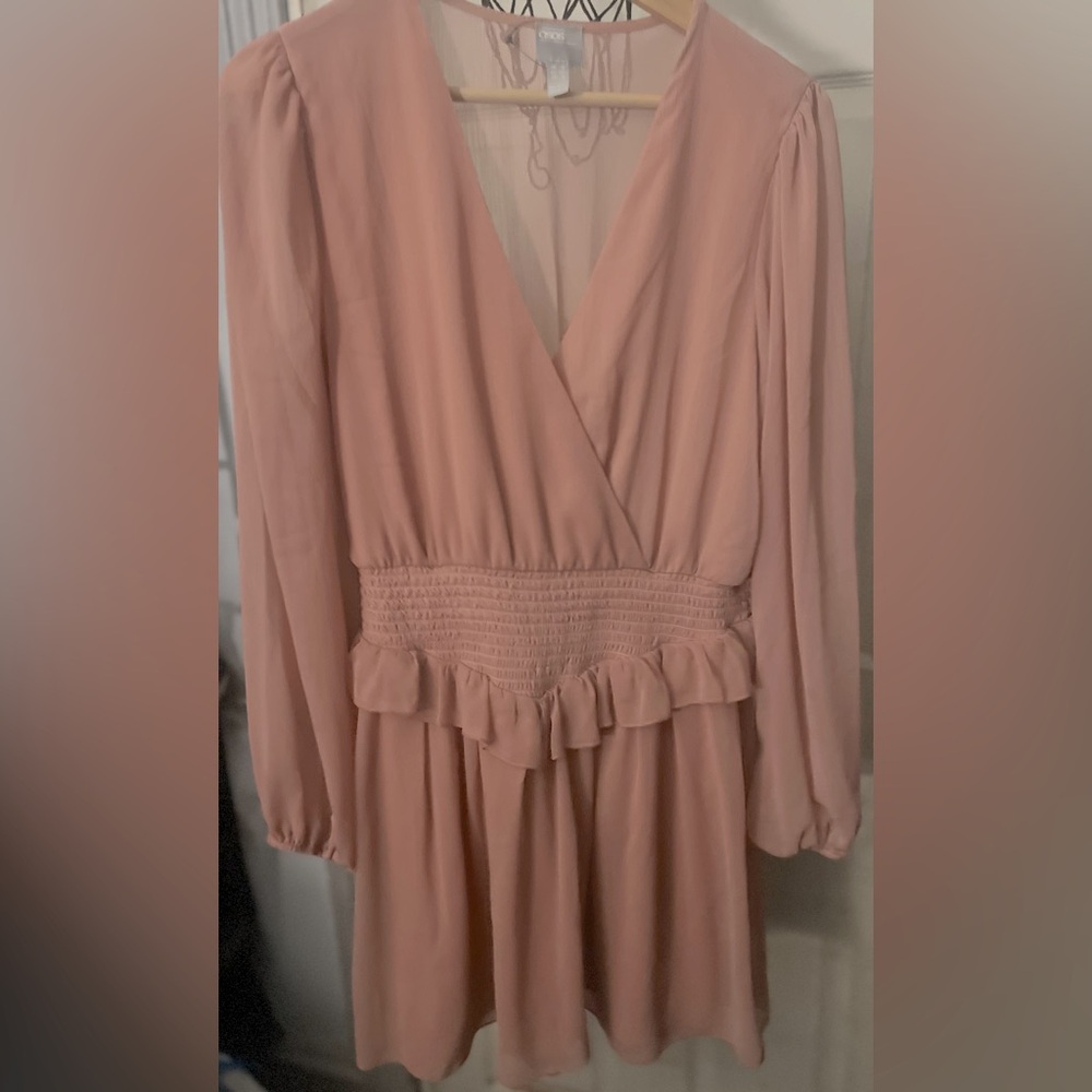 Asos Pink Ruffled Long Sleeve Smocked Waist Pullover V Neck Mini Dress.